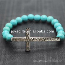 Turquoise 8MM Round Beads Stretch Gemstone Bracelet with Diamante Cross in the middle